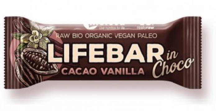 Baton cu cacao si vanilie in ciocolata raw bio Lifebar  40g