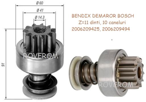 Bendix demaror Bosch, Z=11 dinti, 10 caneluri, Case, Zetor