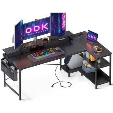 Birou de colt metal si ODK cu prize si porturi USB, negru