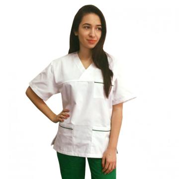 Bluza medicala unisex alba cu insertii verzi