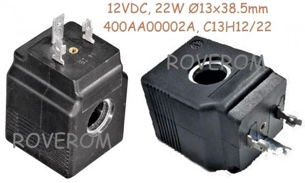 Bobina 12V, d13x38,50mm, 22W, 3 pini electrovalva hidraulica