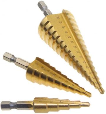 Burghiu conic metal in trepte, spiral conic 4-12 mm