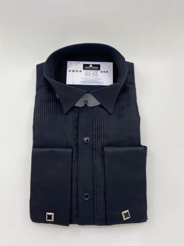 Camasa neagra cu guler papion si pliuri Chevron pe orizontal