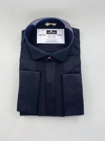 Camasa neagra cu guler papion si pliuri Chevron pe orizontal