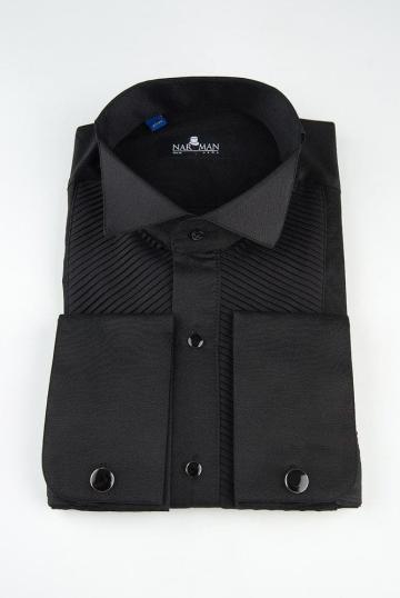 Camasa neagra cu guler papion si pliuri Chevron