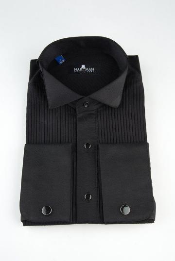 Camasa neagra cu guler papion si pliuri verticale