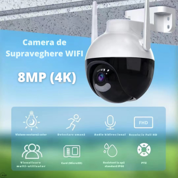 Camera de supraveghere wifi, UHD 4K, 8 MP, exterior interior