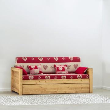 Canapea rustica extensibila cu tapiterie, lemn masiv rustic