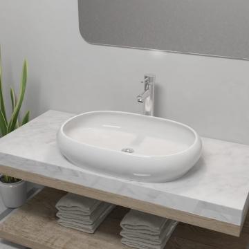 Chiuveta de baie cu robinet mixer, ceramic, oval, alb