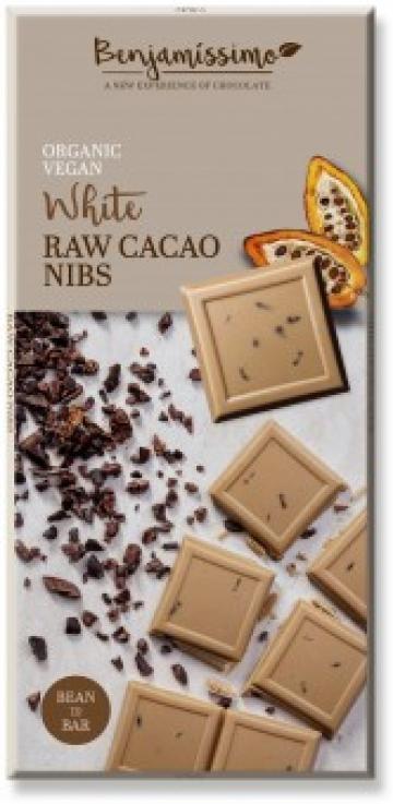 Ciocolata alba cu cacao nibs bio, 70g, Benjamissimo