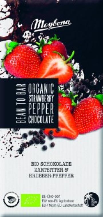 Ciocolata neagra cu capsuni si piper negru bio 100g Meybona