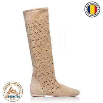 Cizme dama bej din piele naturala perforat G333