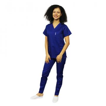 Costum medical albastru cu bluza cu anchior in forma V