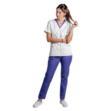 Costum medical format din bluza alb cu paspol mov