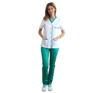 Costum medical format din bluza alb cu paspol verde