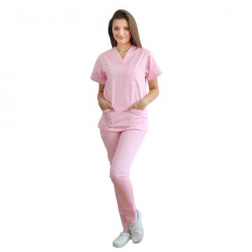 Costum medical roz pal format din bluza cu anchior in V