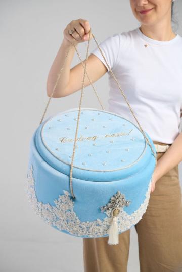 Cufar capitonat din catifea pentru botez - bleu