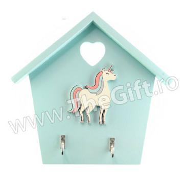 Cuier pentru chei din lemn cu unicorn