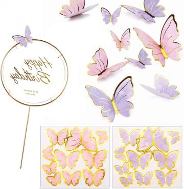 Decor tort aniversar Fluturi colorati, set 20 bucati