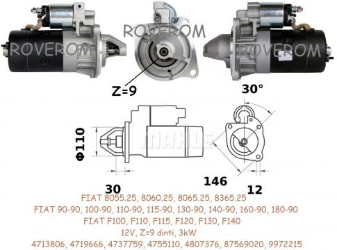 Demaror Fiat, Ford New-Holland, Iveco, 12V, Z=9 dinti, 3kW