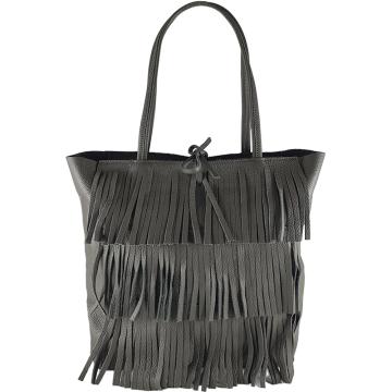 Geanta shopper din piele naturala cu franjuri Eloisa - gri