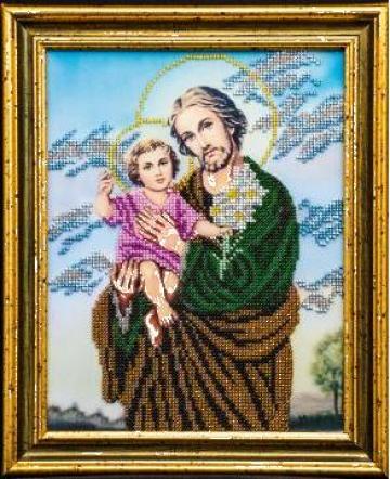 Icoana brodata cu margele nisip Sfantul Iosif cu Iisus