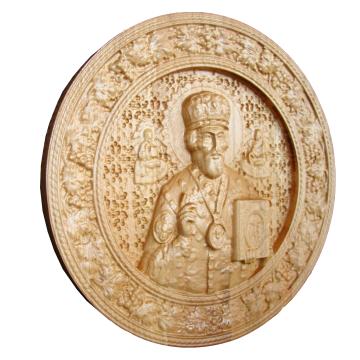 Icoana sculptata Sf Nicolae, lemn masiv diametru 24 cm