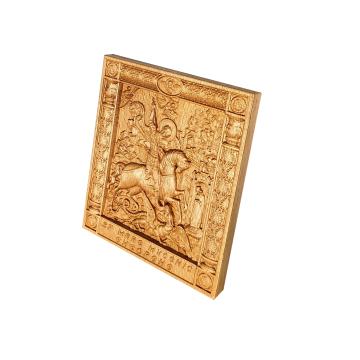 Icoana sculptata Sfantul Gheorghe ucigand balaurul 22x19 cm