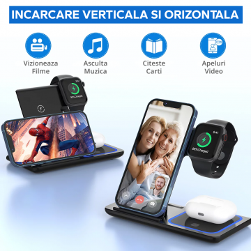 Incarcator wireless Valaqi, statie incarcare 3in1 Qi