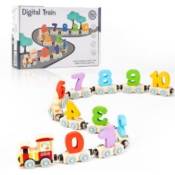 Jucarie Tren din lemn cu 11 vagoane, cu cifre, Montessori