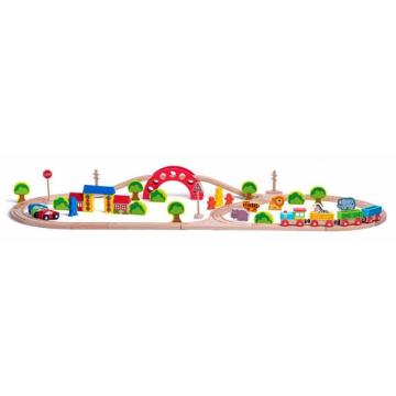 Jucarie set pista de tren din lemn cu animale, 60 piese