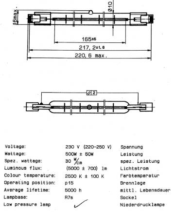 Lampa infrarosu, R7s, 220-250V, 500W, L227mm