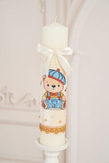 Lumanare botez A24 - ursulet broderie - ivoire