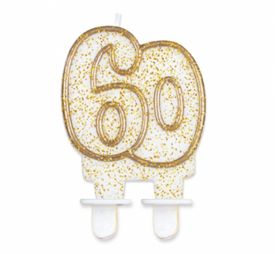 Lumanari tort cifra 60, alb cu contur auriu si glitter