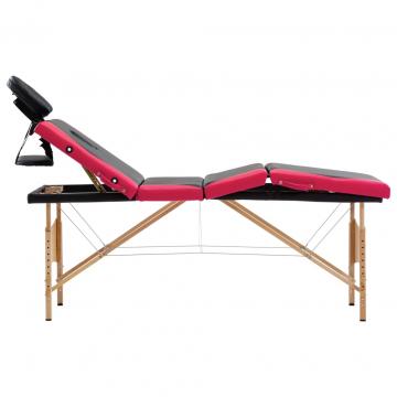 Masa pliabila de masaj, 4 zone, negru si roz, lemn