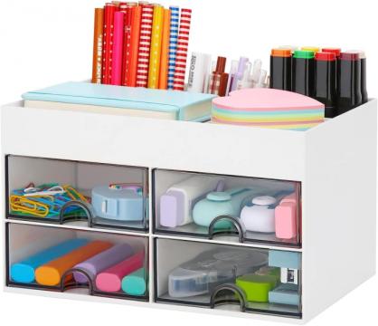 Organizator alb de birou cu 6 compartimente, 4 sertare