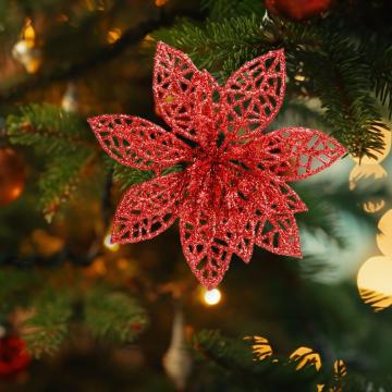 Ornament de Craciun - cu cleme - floare cu sclipici - rosu