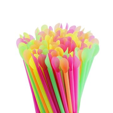 Paie colorate cu lingurita pentru frappe din plastic, drepte