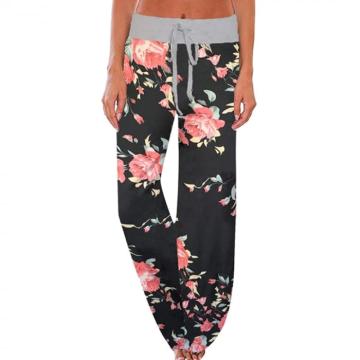 Pantaloni largi, sport, pentru femei, negri cu flori