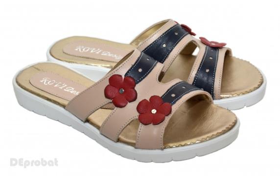 Papuci dama piele naturala crem cu floricele PP12