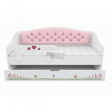 Pat copii tapitat cu sertar Pink