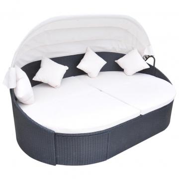 Pat sezlong de exterior cu baldachin, negru, pol