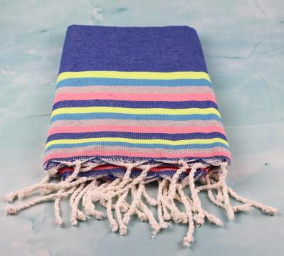 Prosop plaja Fouta Tunis albastru cu dungi multicolor