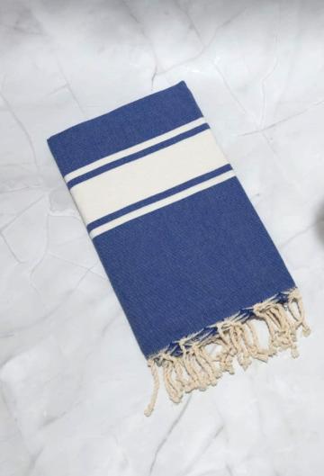 Prosop plaja Fouta Tunis albastru marin cu dungi albe