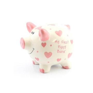 Pusculita din ceramica My First Piggy Bank cu inimioare roz