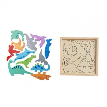 Puzzle din lemn cu dinozauri MomKi, 12 piese