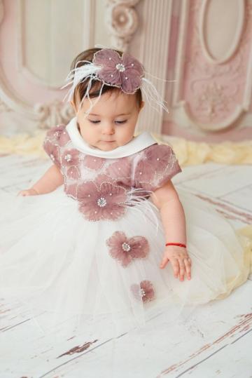 Rochita botez Gloria - roz vintage (maneca scurta)