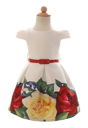 Rochita eleganta din satin, alb cu imprimeu trandafiri