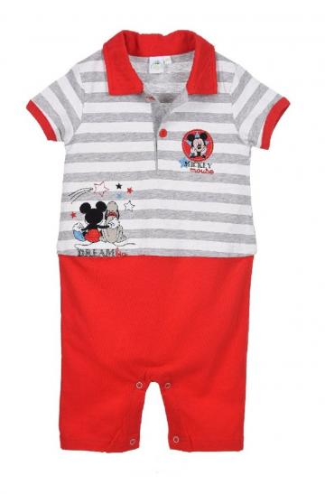 Salopeta bebe, Mickey Disney, bumbac, alb cu rosu