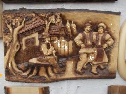 Sculptura lemn Pereche de dansatori si fluieras